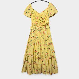 Paloma Blue Evie Floral Belted Midi Dress Yellow XS Cottagecore Garden Party